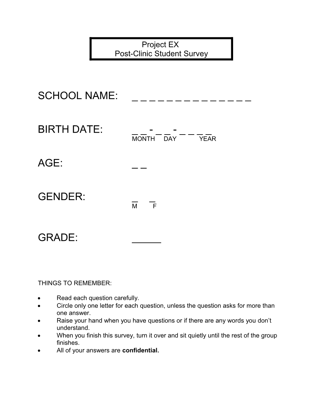 Project EX Post Clinic Questionnaire