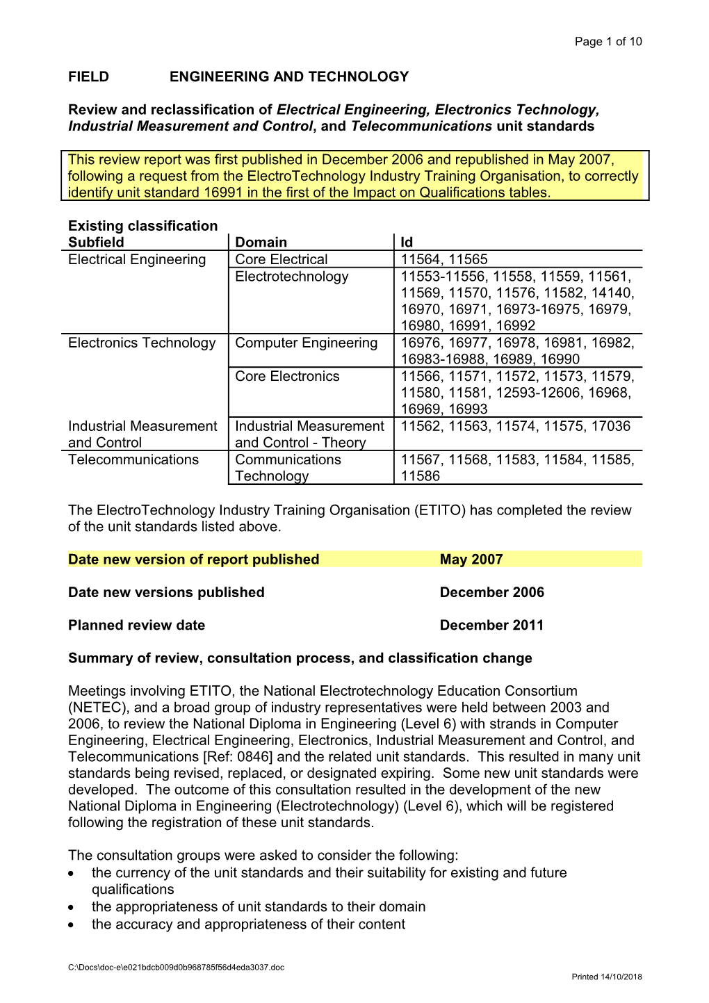 Review and Reclassification of Electrical Engineering, Electronics Technology, Industrial