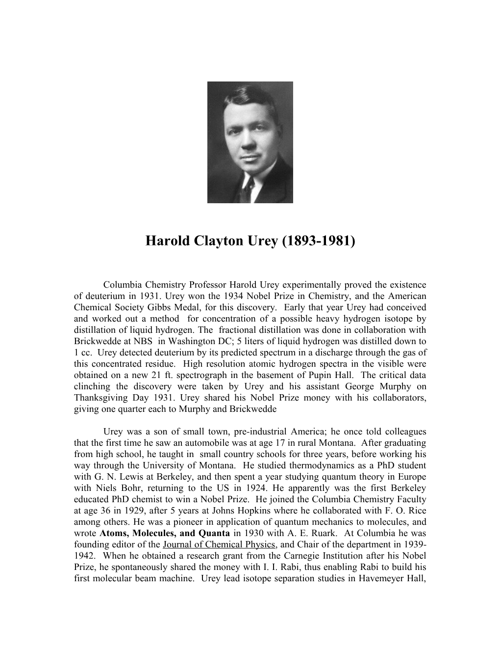 Harold Clayton Urey (1893-1981)