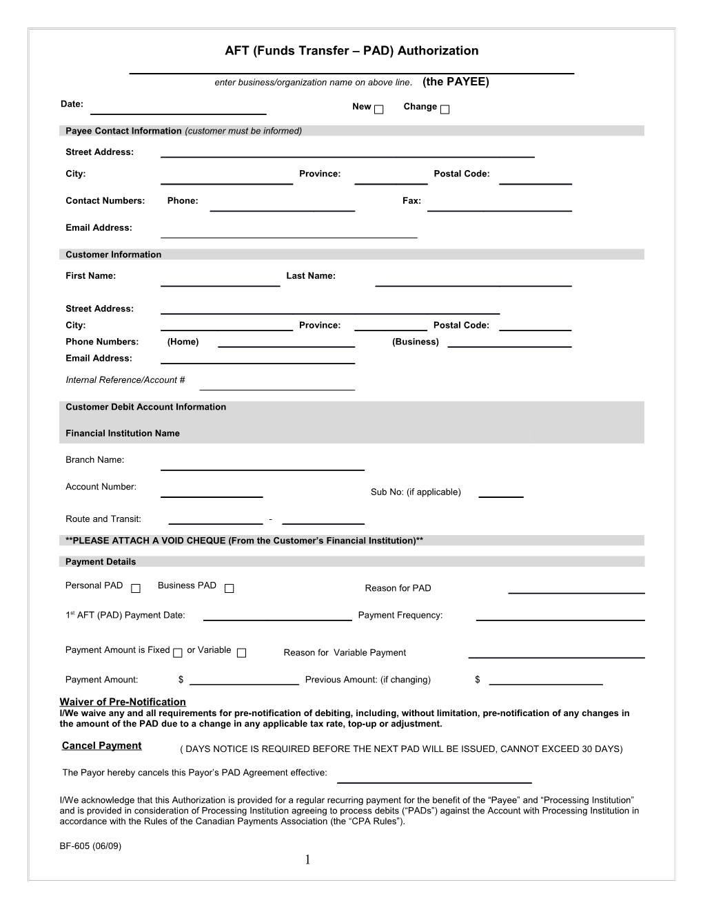 AFT (Funds Transfer PAD) Authorization