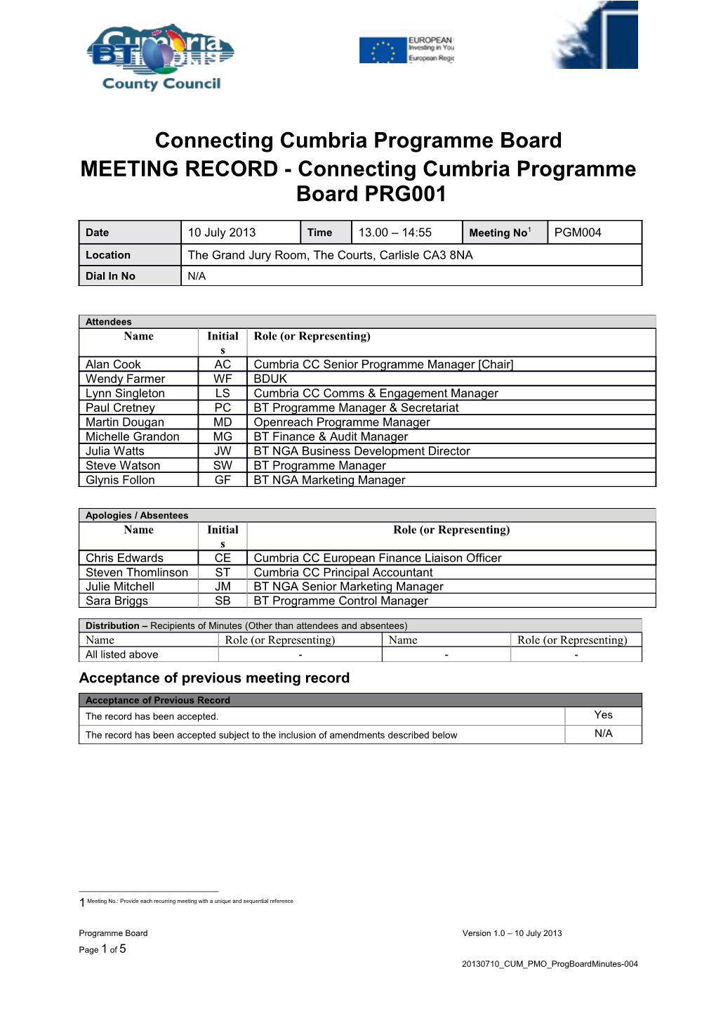 MEETING RECORD - Connecting Cumbria Programme Board PRG001
