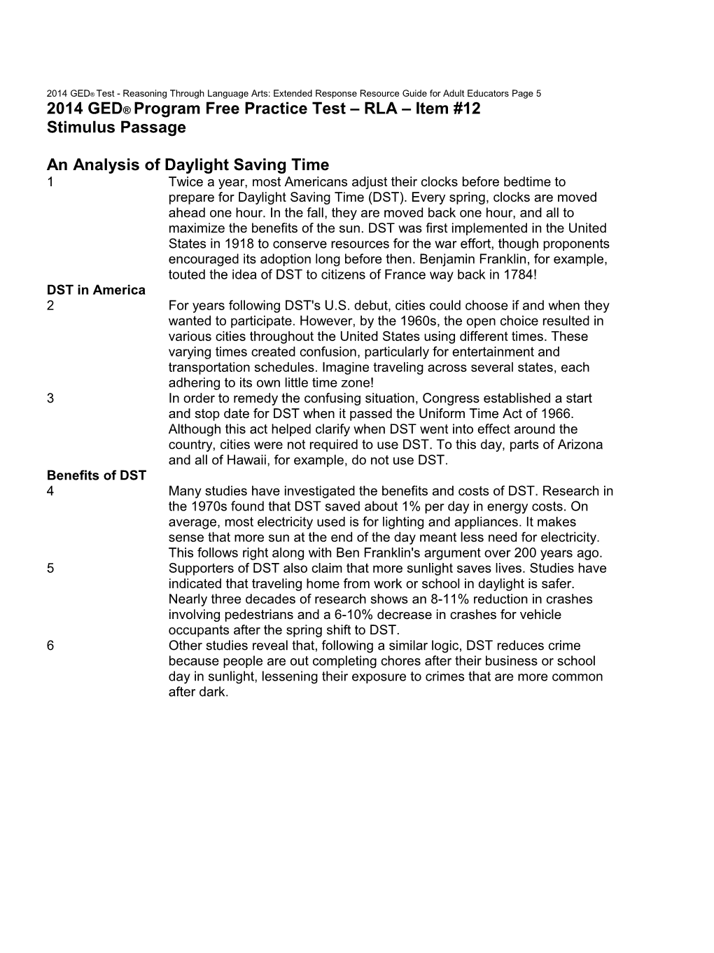 2014 GED Test - Reasoning Through Language Arts: Extended Response Resource Guide for Adult