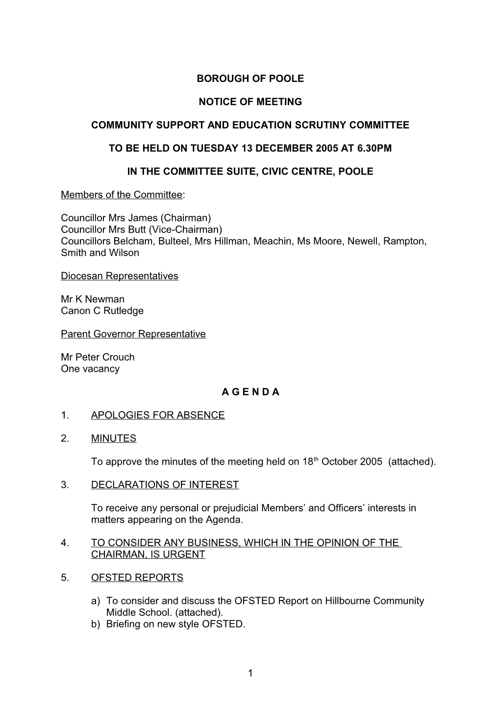 Agenda - Community Support and Education Scrutiny Committee - 13 December 2005