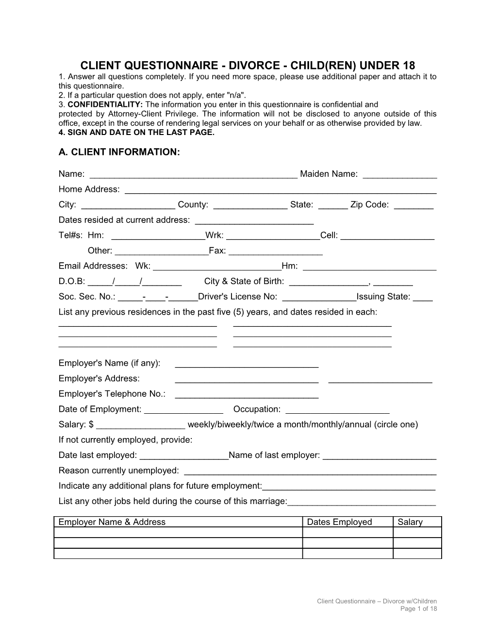 Client Questionnaire - Divorce - Child(Ren) Under 18