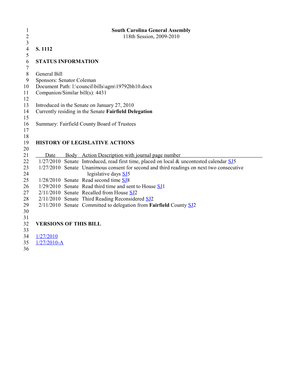 2009-2010 Bill 1112: Fairfield County Board of Trustees - South Carolina Legislature Online