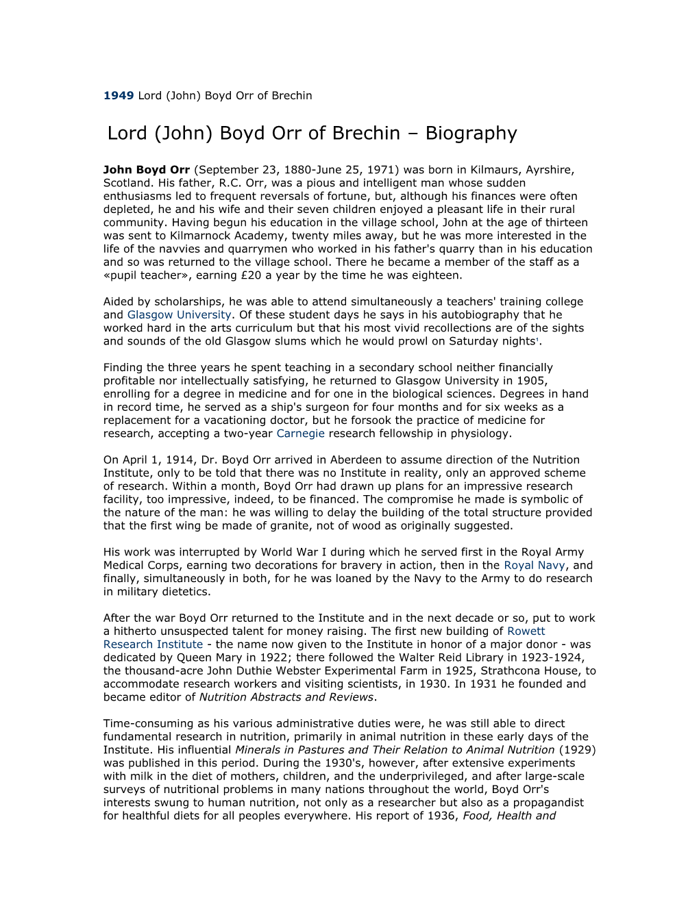1949 Lord (John) Boyd Orr of Brechin
