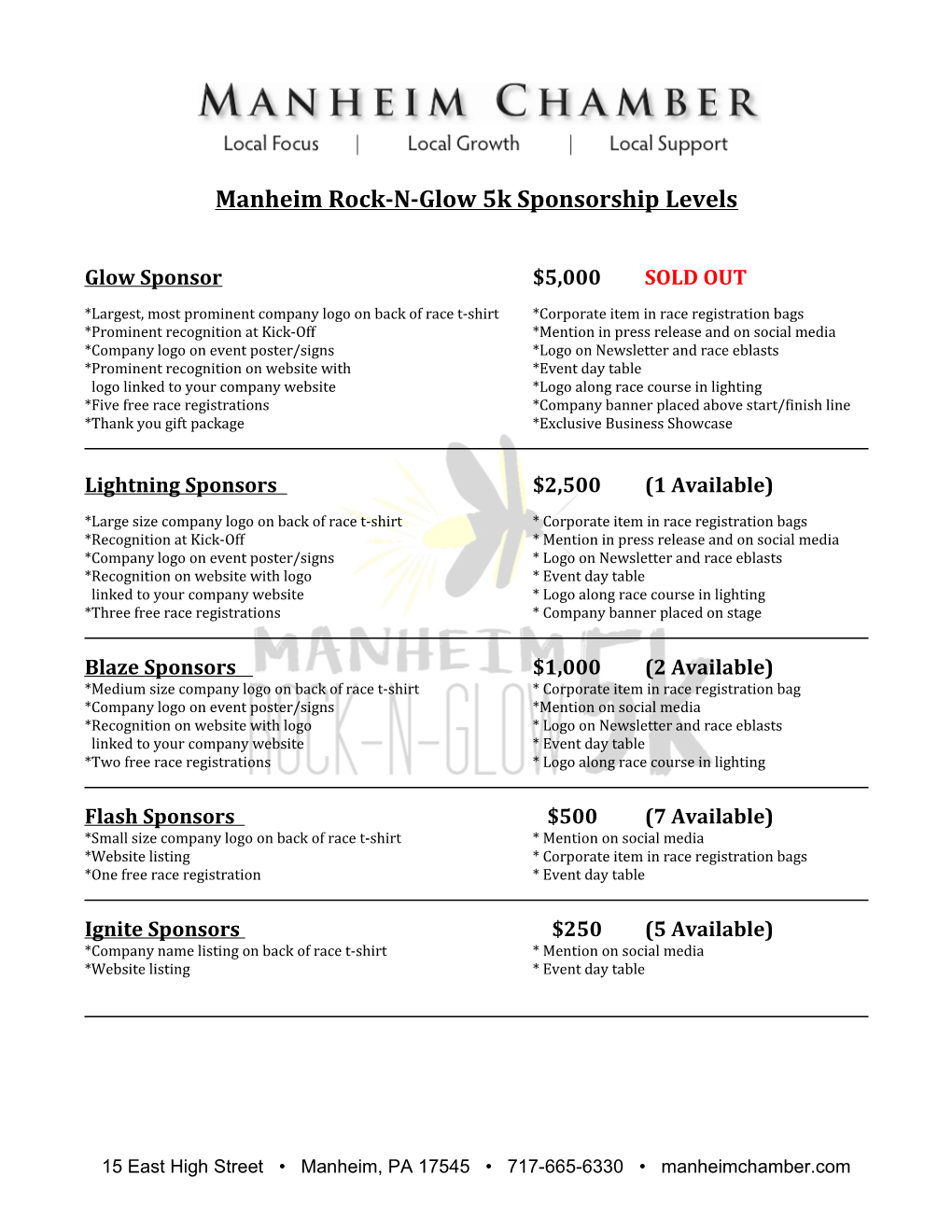 Manheim Rock-N-Glow 5K Sponsorship Levels