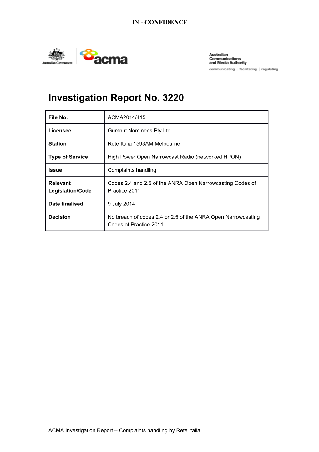 Investigation Report No. 3220