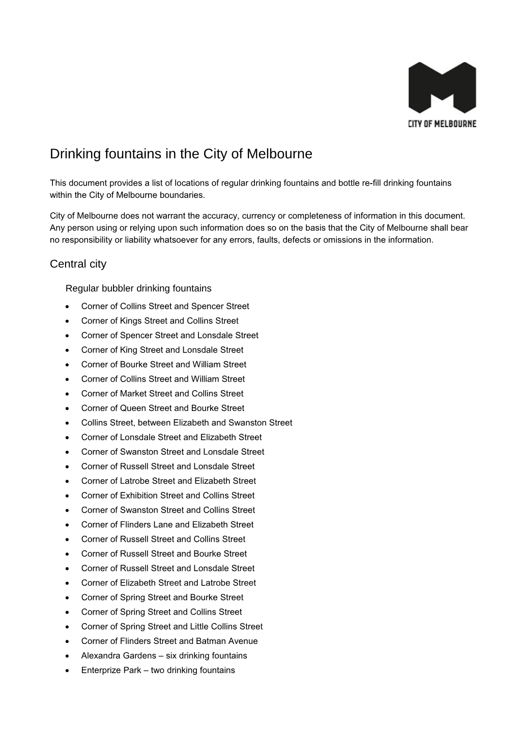 Drinking Fountains in the City of Melbourne