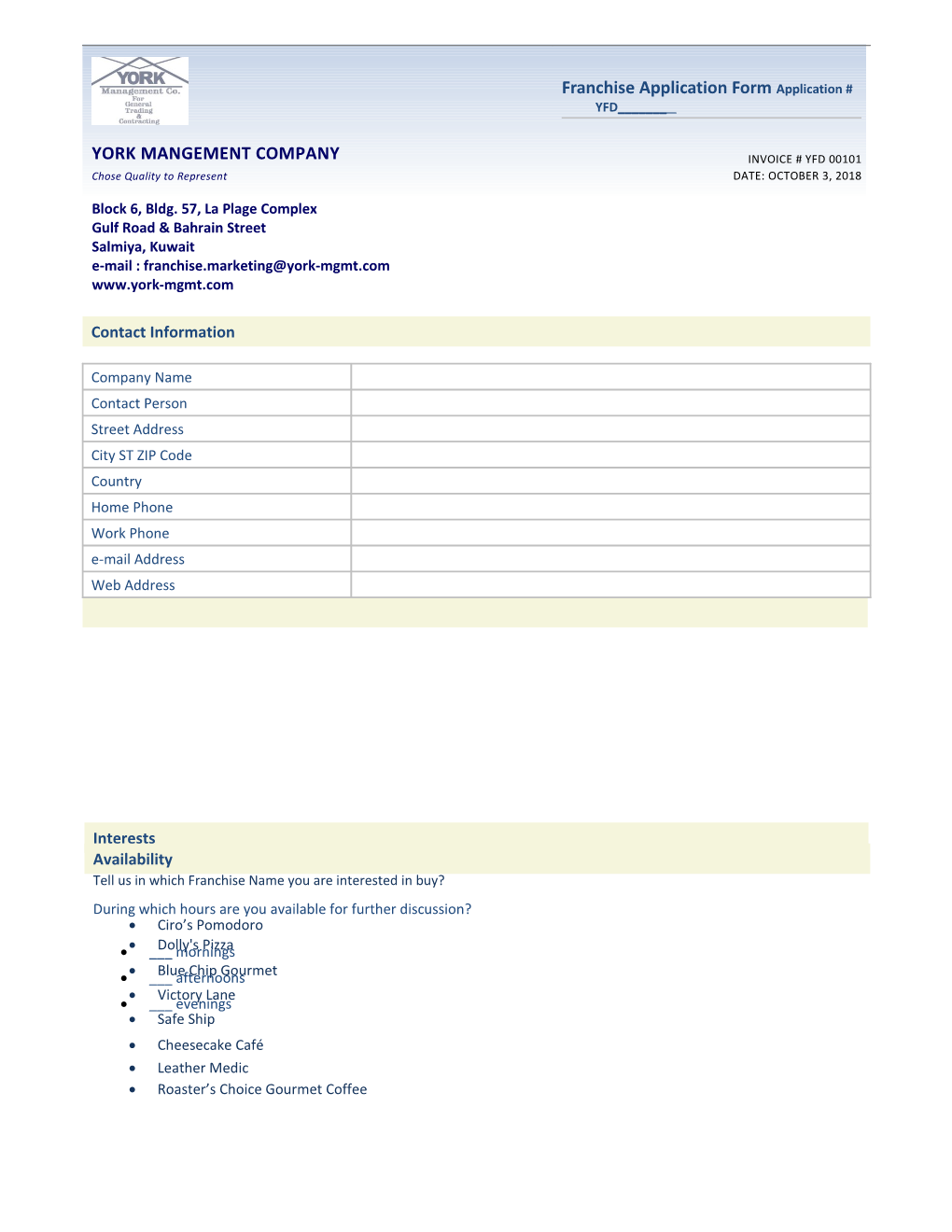 Franchise Application Form Application # YFD______