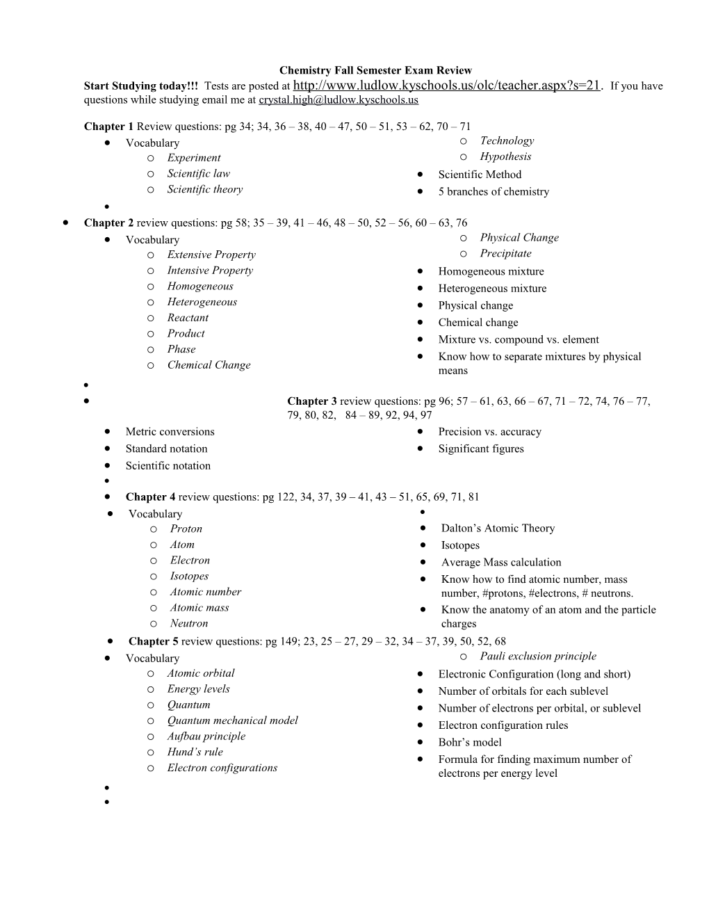 Chemistry Fall Semester Exam Review