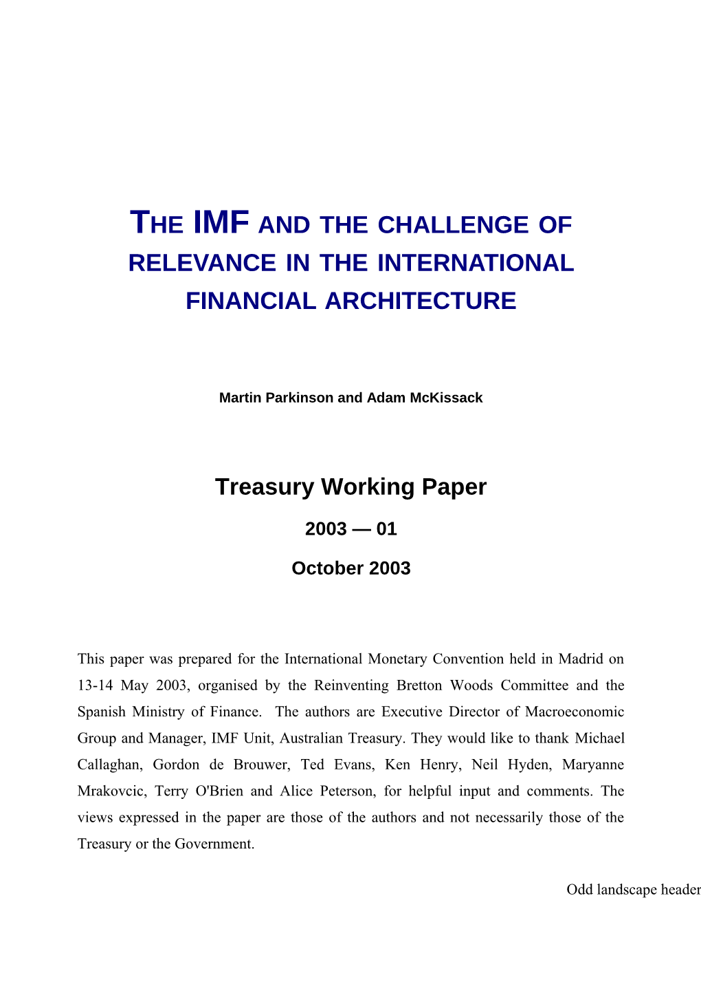 The IMF and the Challenge of Relevance in the International Financial Architecture