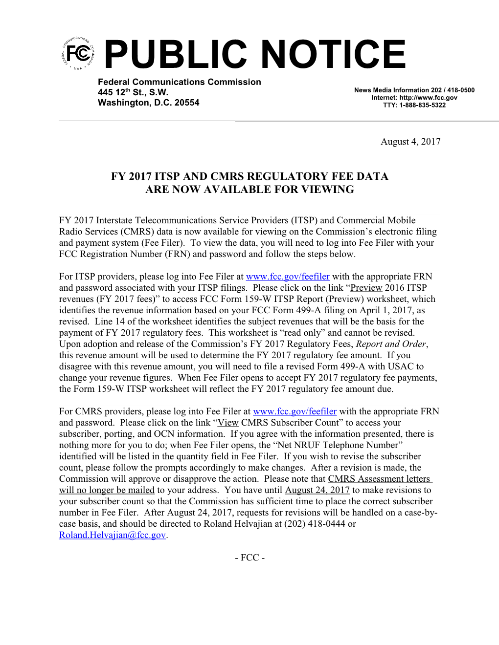 Fy 2017 Itsp and Cmrs Regulatory Fee Data