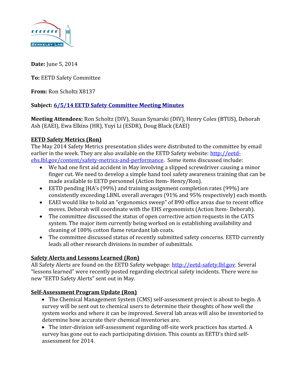 Subject:6/5/14 EETD Safety Committee Meeting Minutes