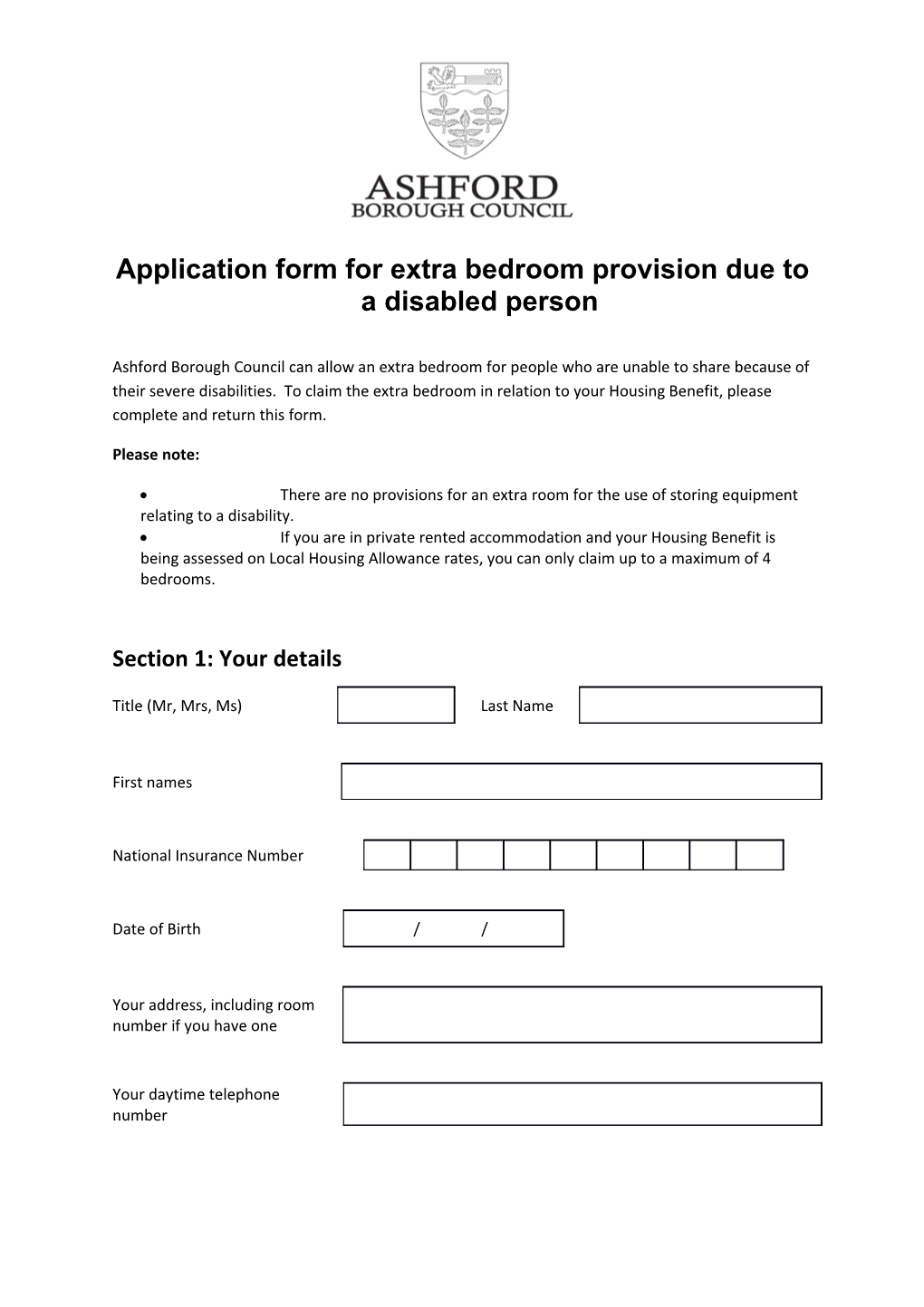 Application Form for Extra Bedroom Provision Due to a Disabled Person