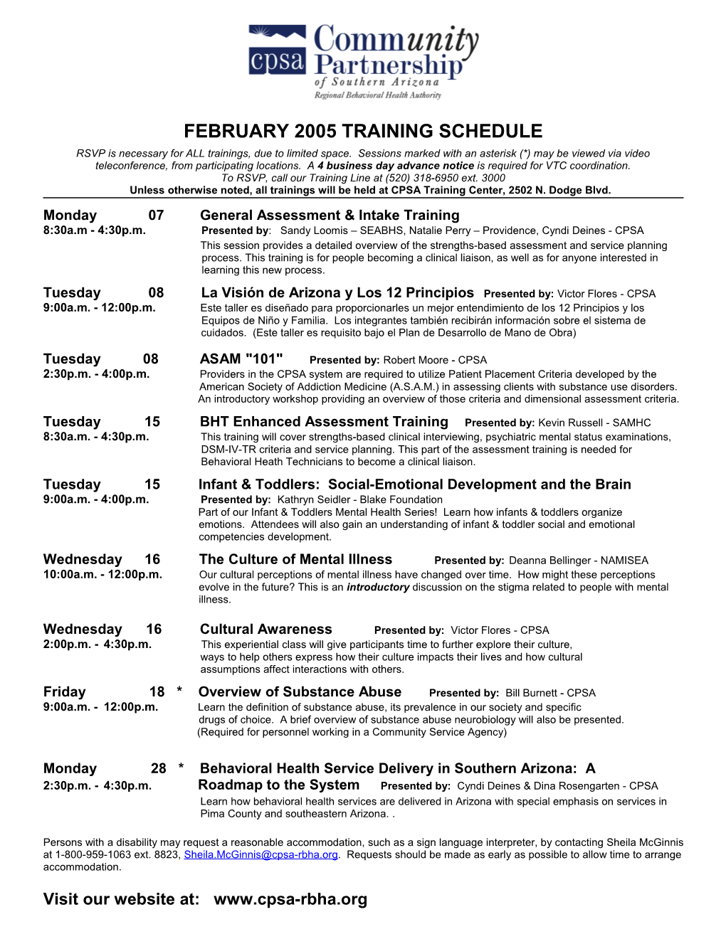February 2005 Training Schedule