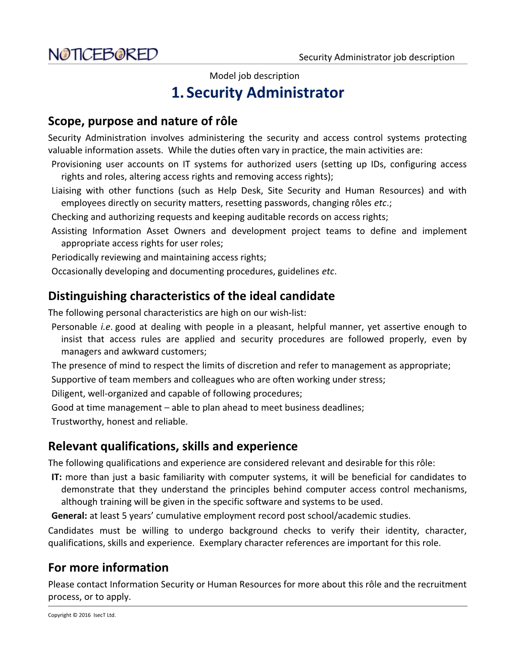 NB Model Job Description for Security Administrator