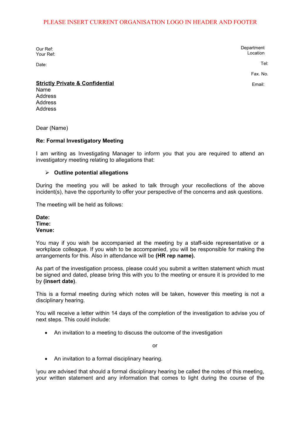 Invite to Investigation Meeting - Template Letter