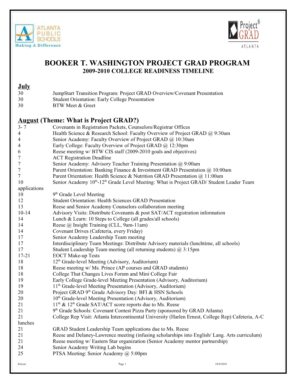 College Access Specialist Monthly Timeline