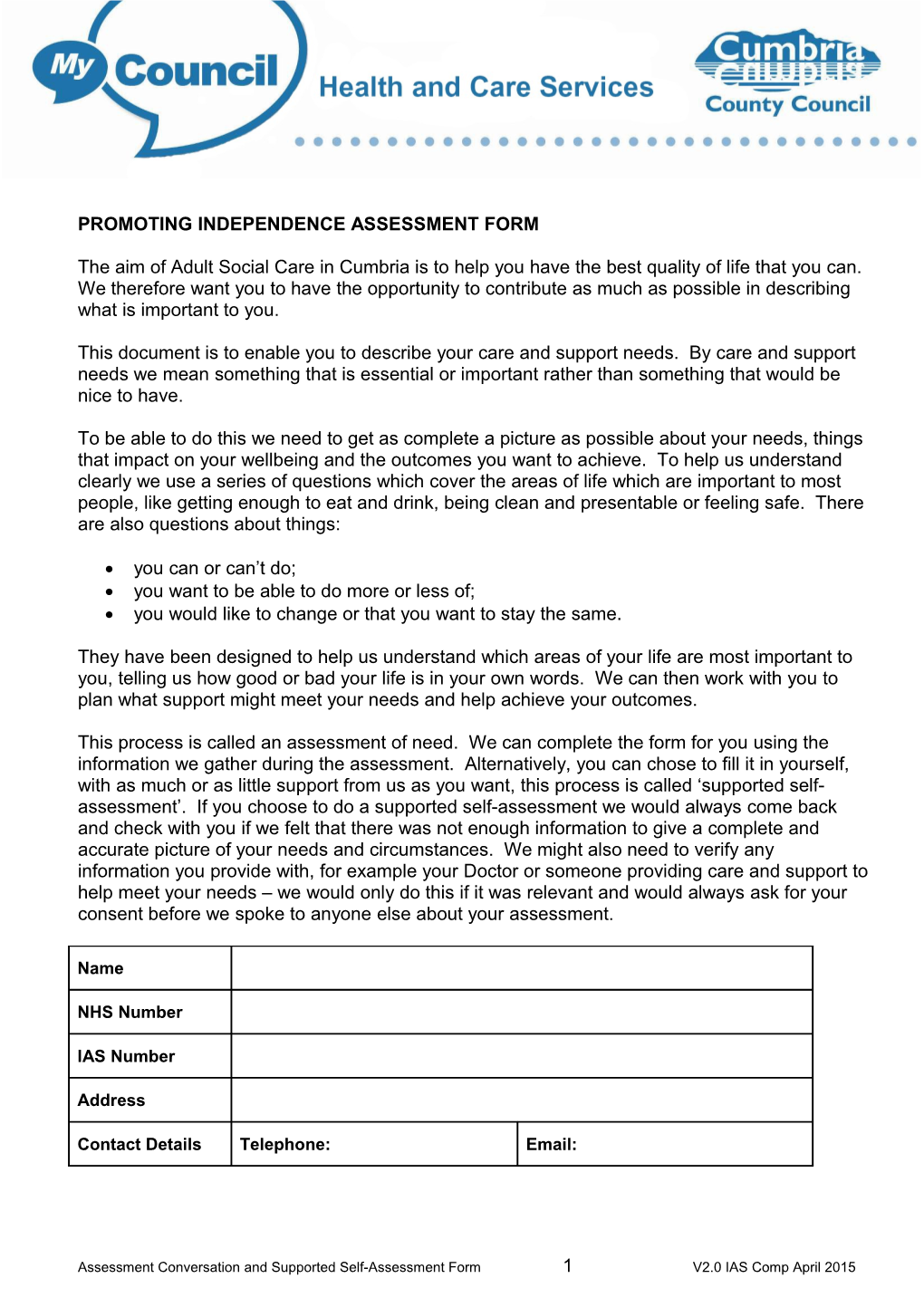 Promoting Independence Assessment Form