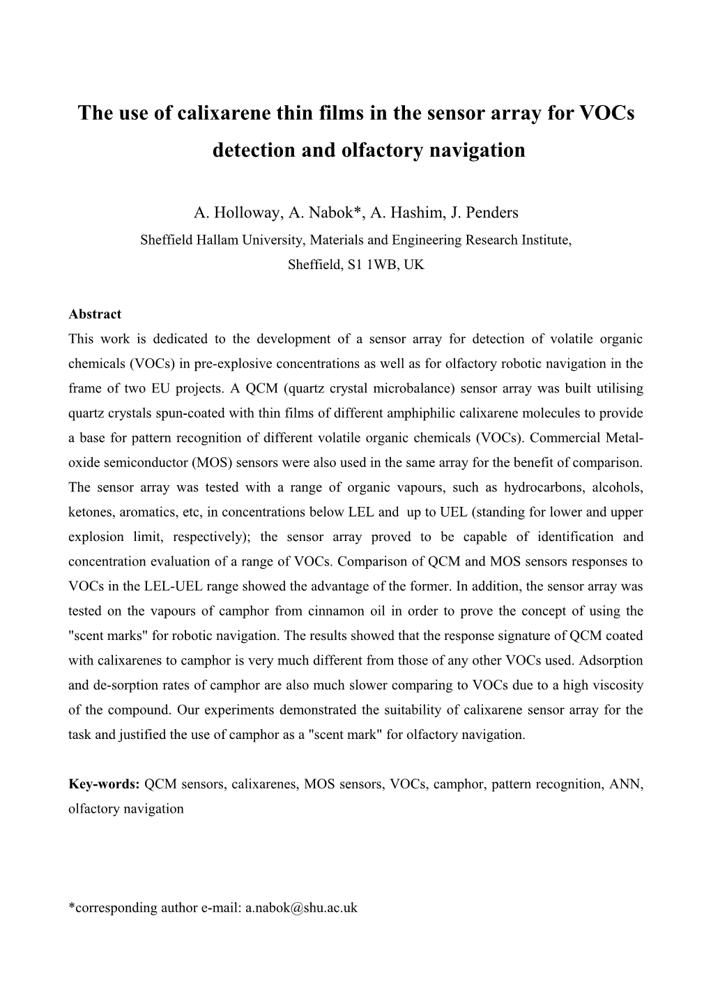 The Use of Calixarene Thin Films in the Sensor Array for Vocs Detection and Olfactory Navigation