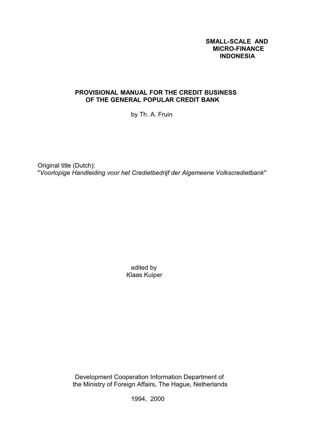 Provisional Manual for the Credit Business