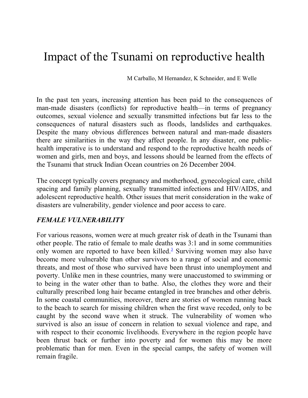 Impact of the Tsunami on Reproductive Health