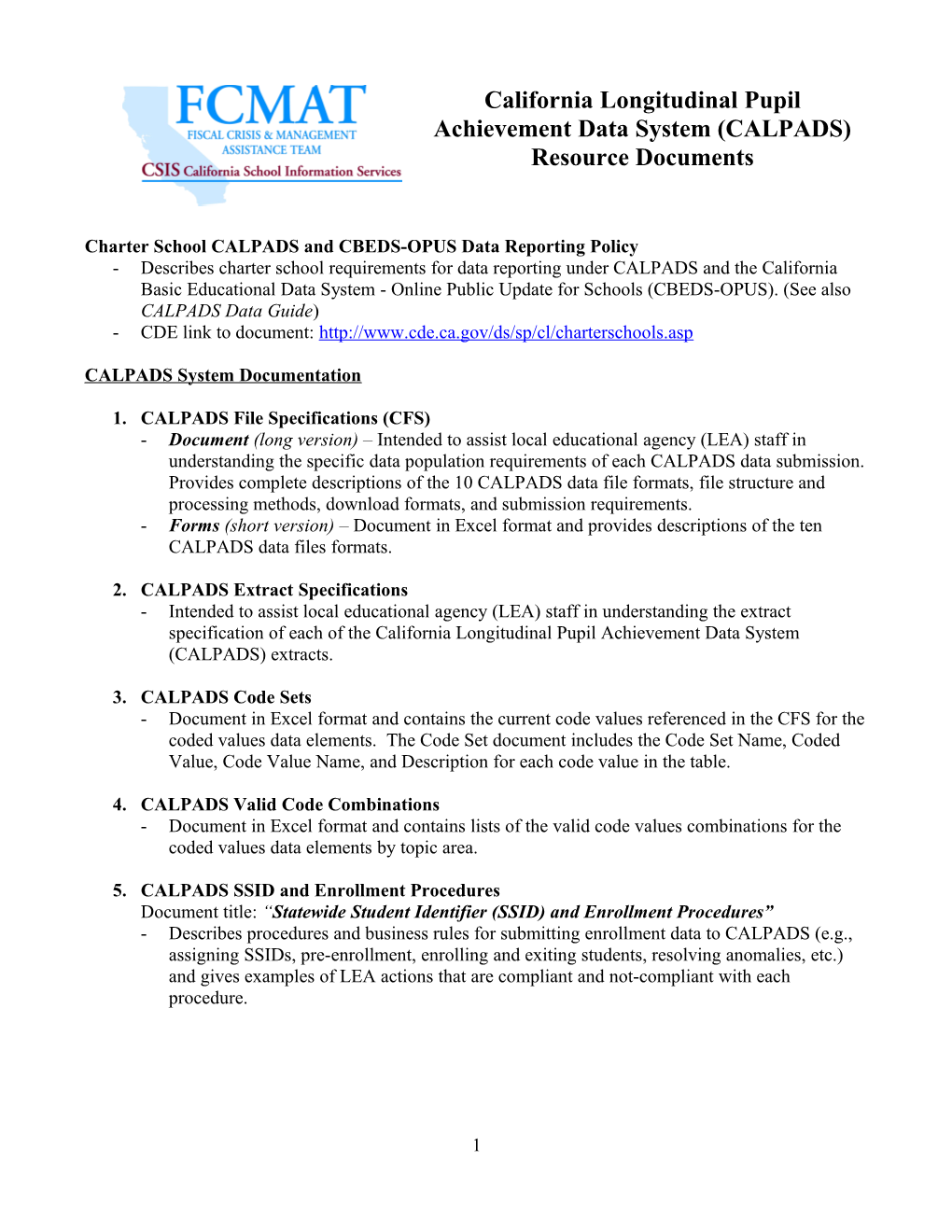 CALPADS Resource Documents