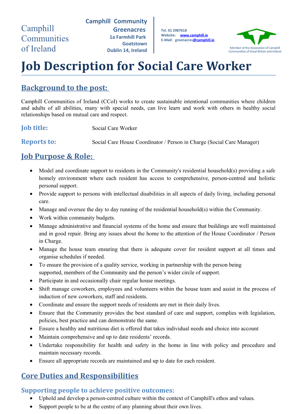 Job Description for Social Care Worker