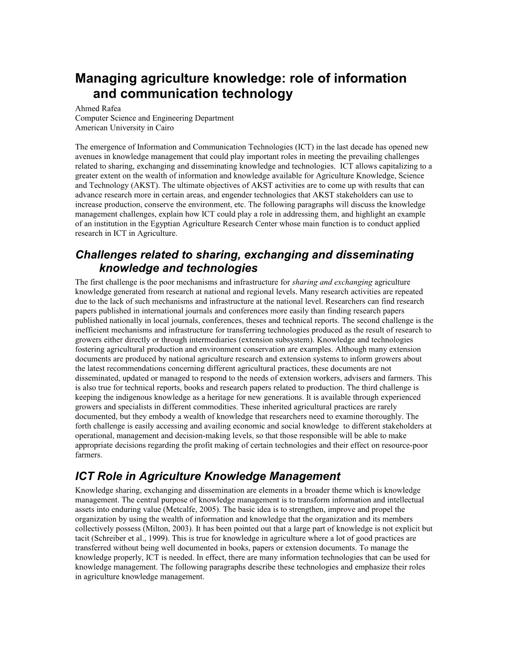 Agriculture Knowledge Management Using Information and Communication Technology (Extended
