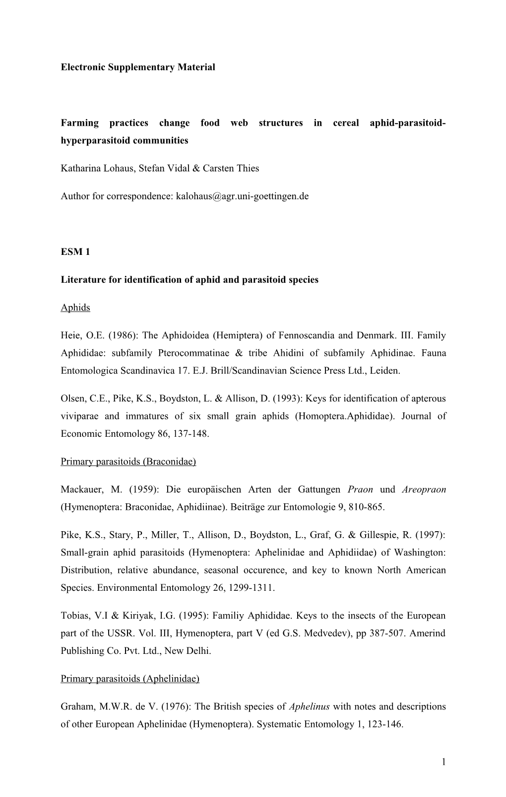 Farming Practices Change Food Web Structures in Cereal Aphid-Parasitoid-Hyperparasitoid