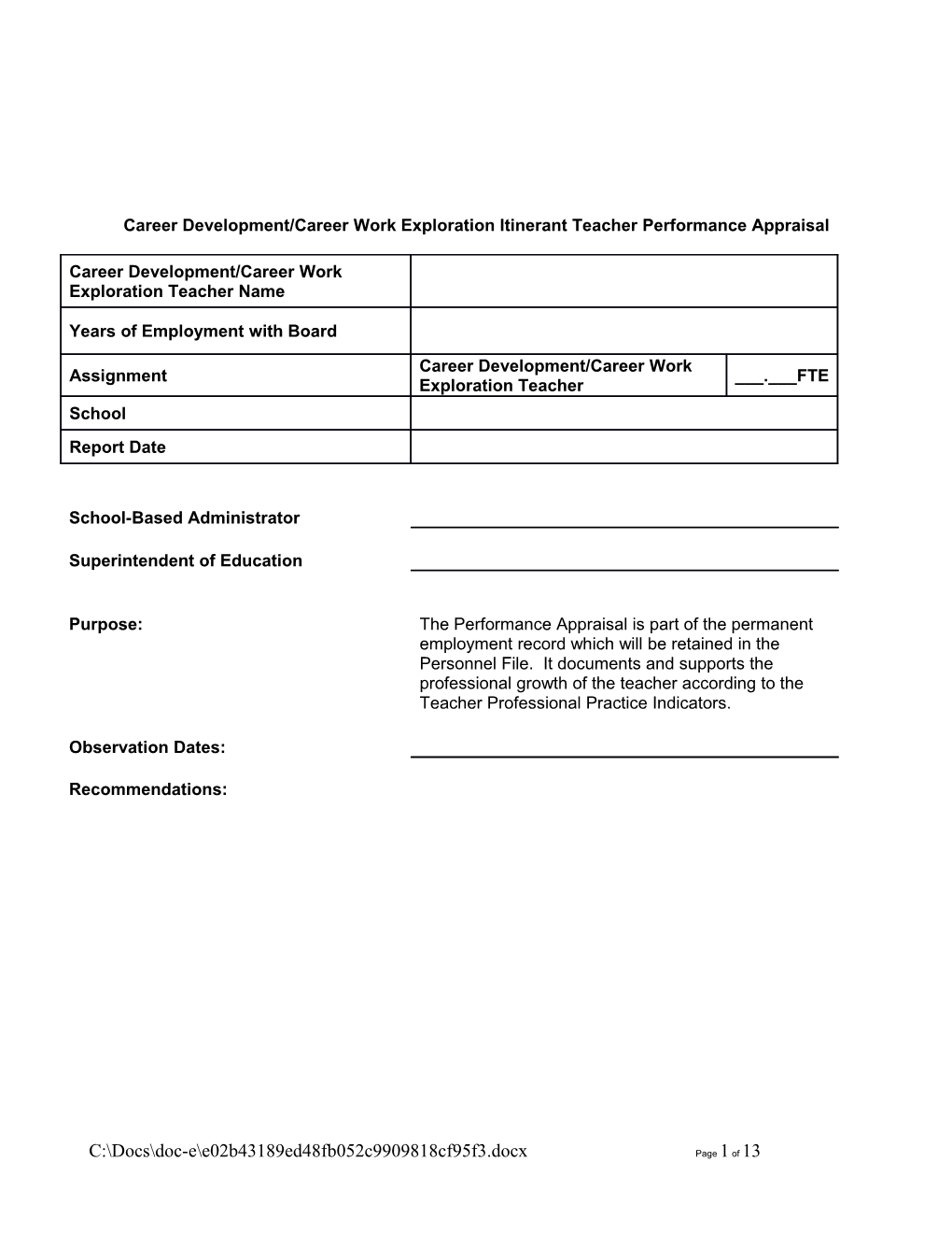 Career Development/Career Work Exploration Itinerant Teacherperformance Appraisal