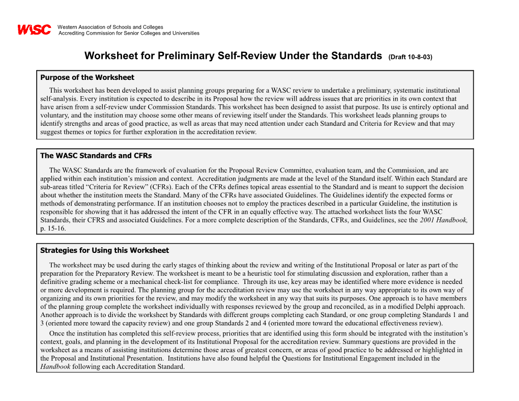 Worksheet for Preliminary Self-Review Under the Standards (Draft 10-8-03)