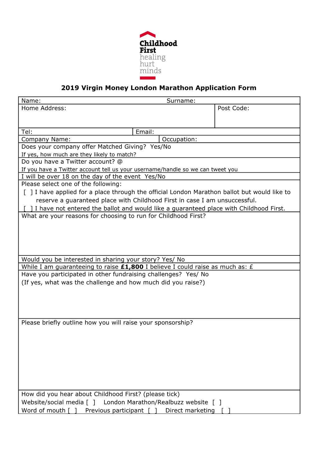 2019 Virgin Money London Marathon Application Form