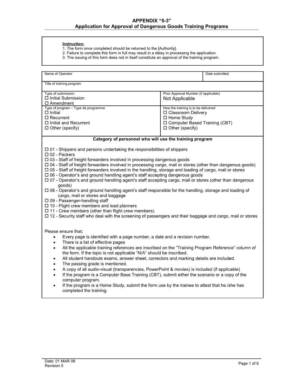 Application for Approval of Dangerous Goods Training Programs