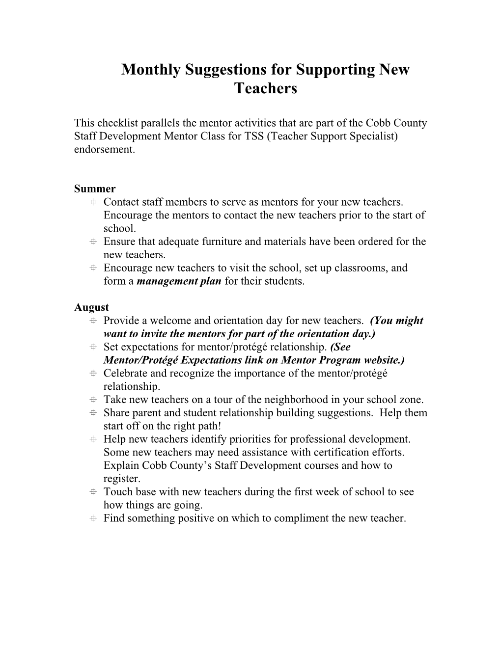 Monthly Suggestions for Supporting New Teachers