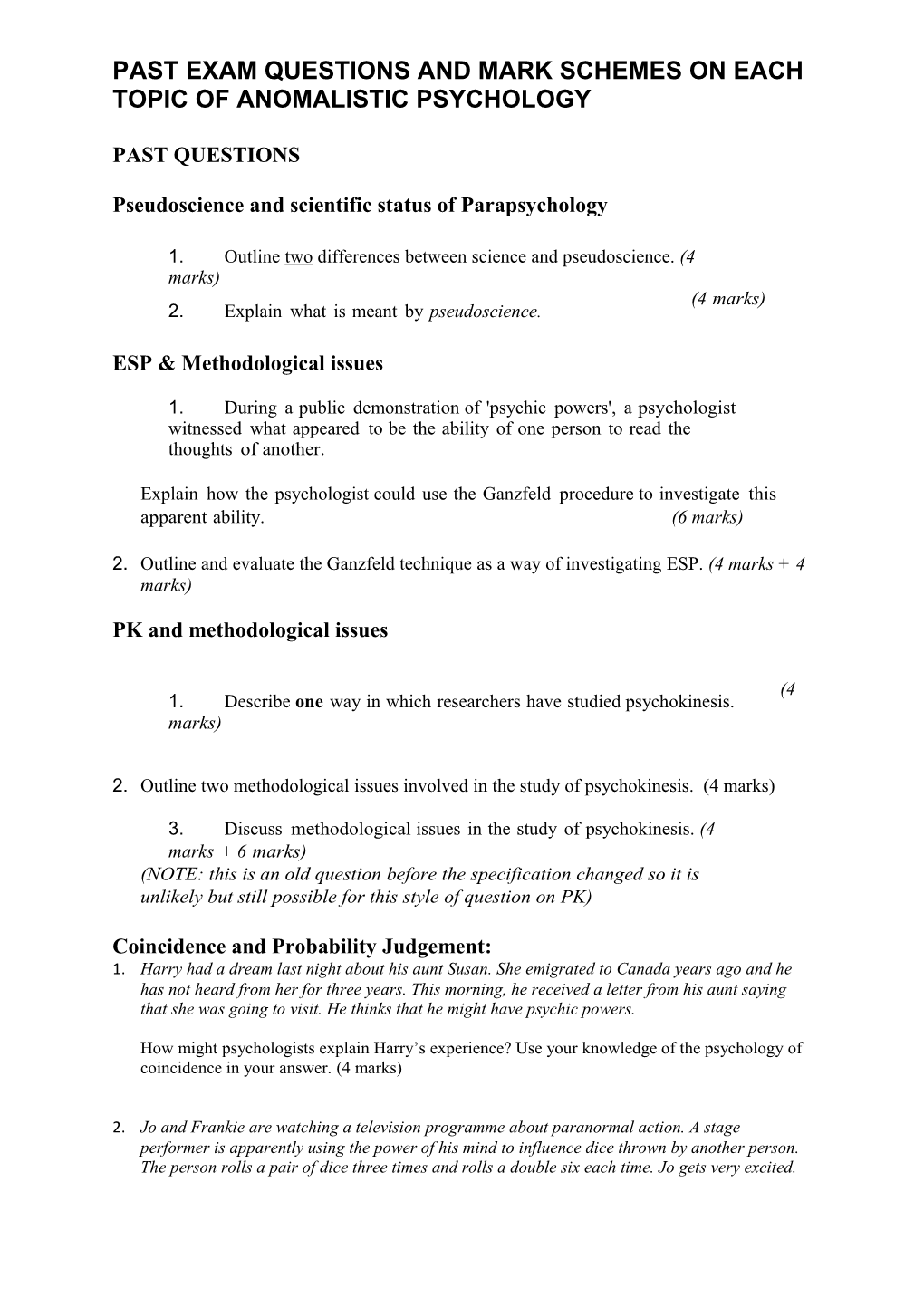 Past Exam Questions and Mark Schemes on Each Topic of Anomalistic Psychology