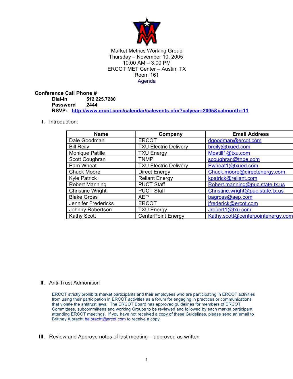 Market Metrics Working Group