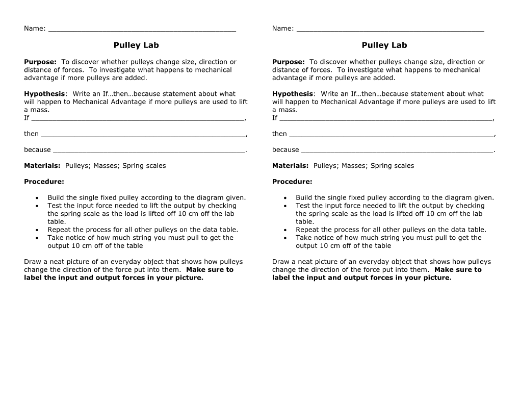 Materials: Pulleys; Masses; Spring Scales