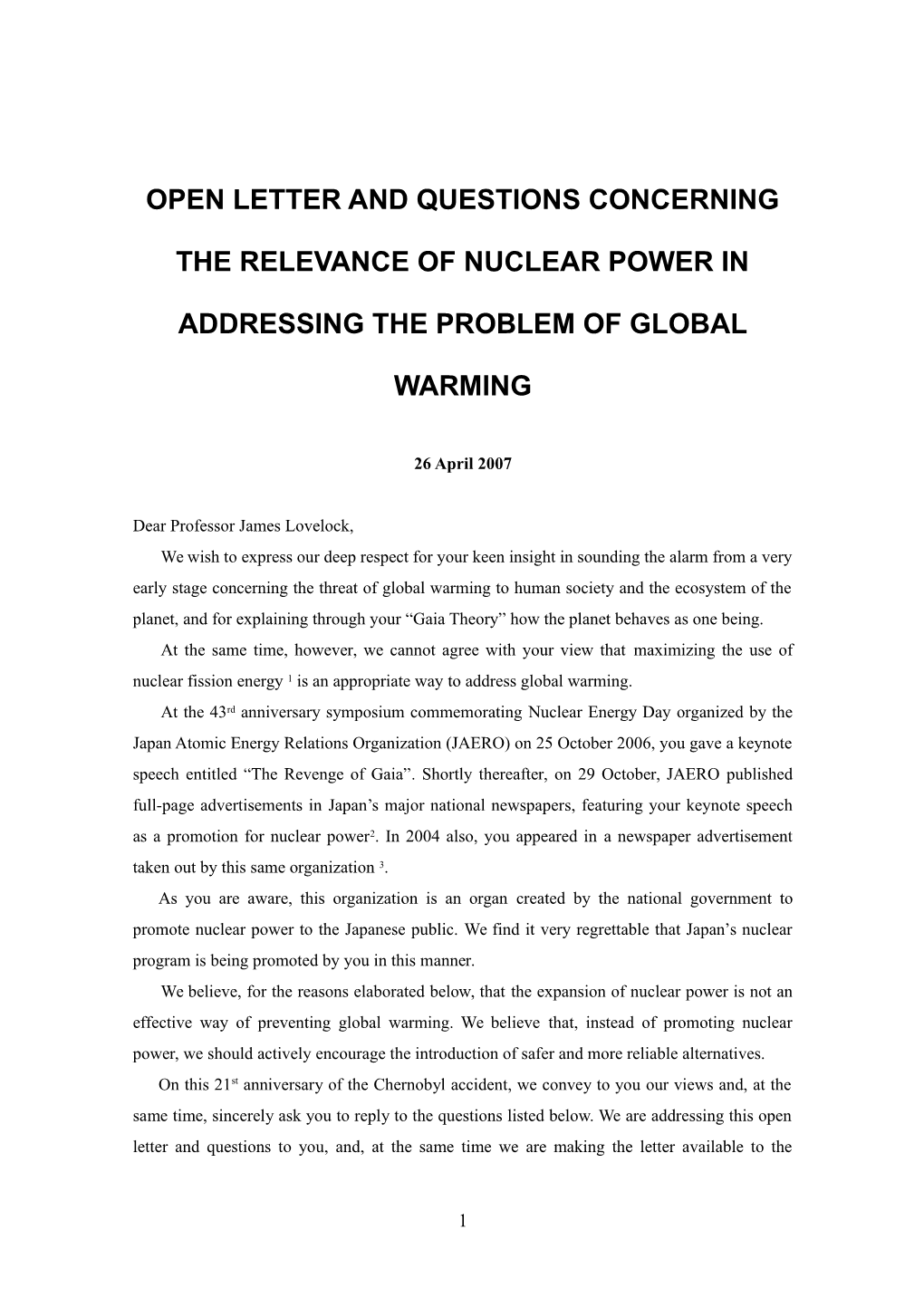 Open Letter and Questions Concerning the Relevance of Nuclear Power in Addressing The