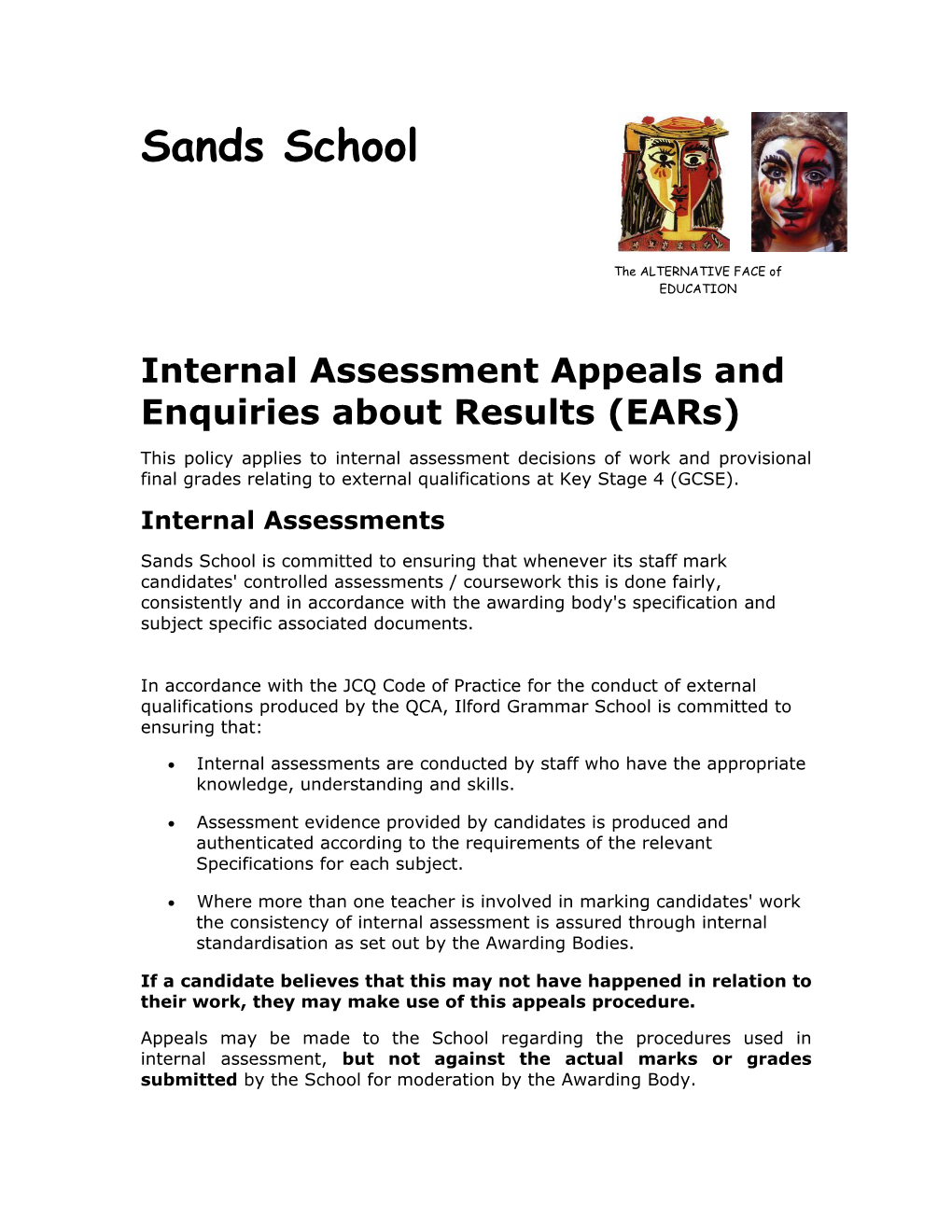 Internal Assessment Appeals and Enquiries About Results (Ears)