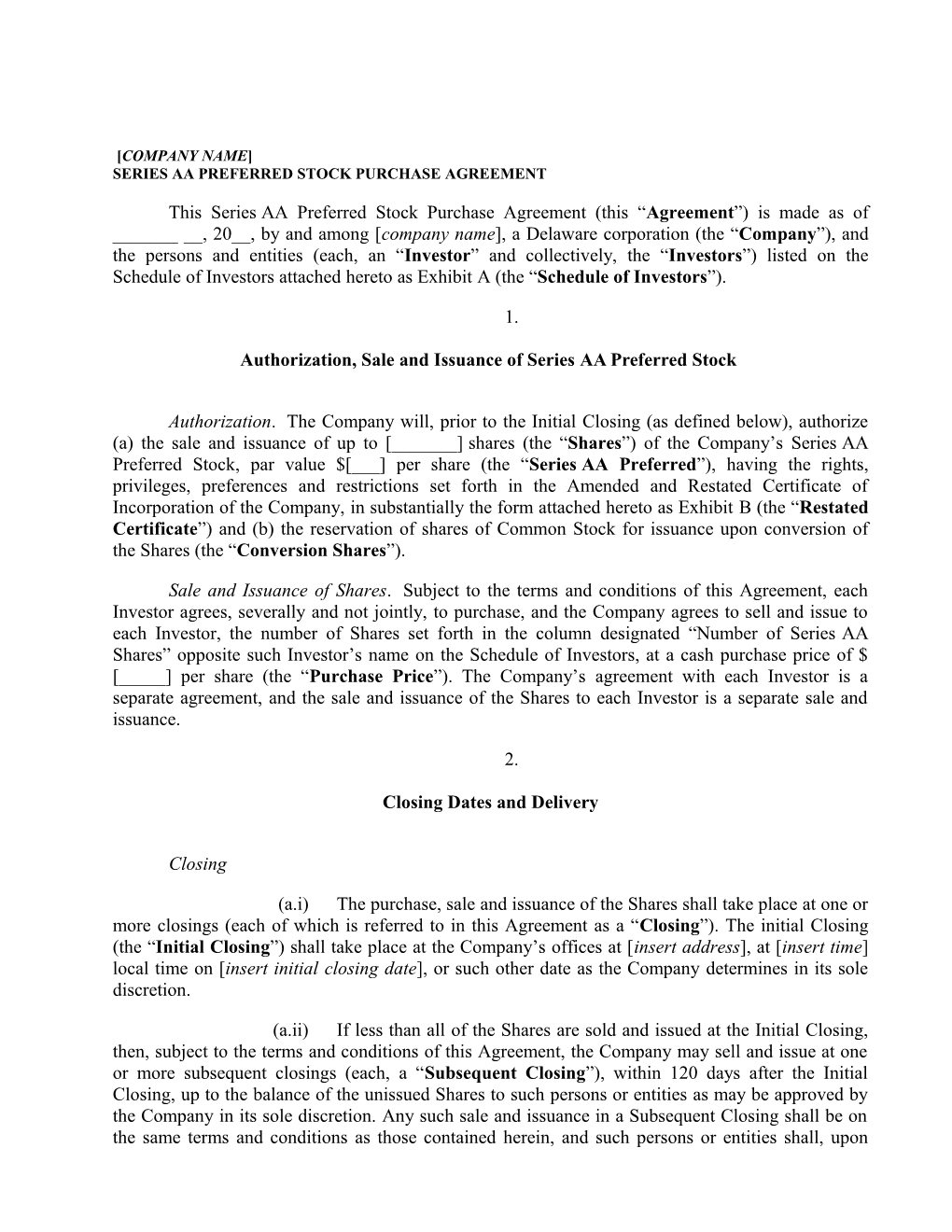 Seriesaa Preferred Stock Purchase Agreement