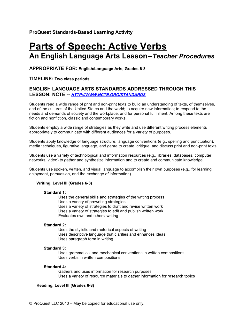 Lesson Plan: Language Arts 6-8 Active Verbs