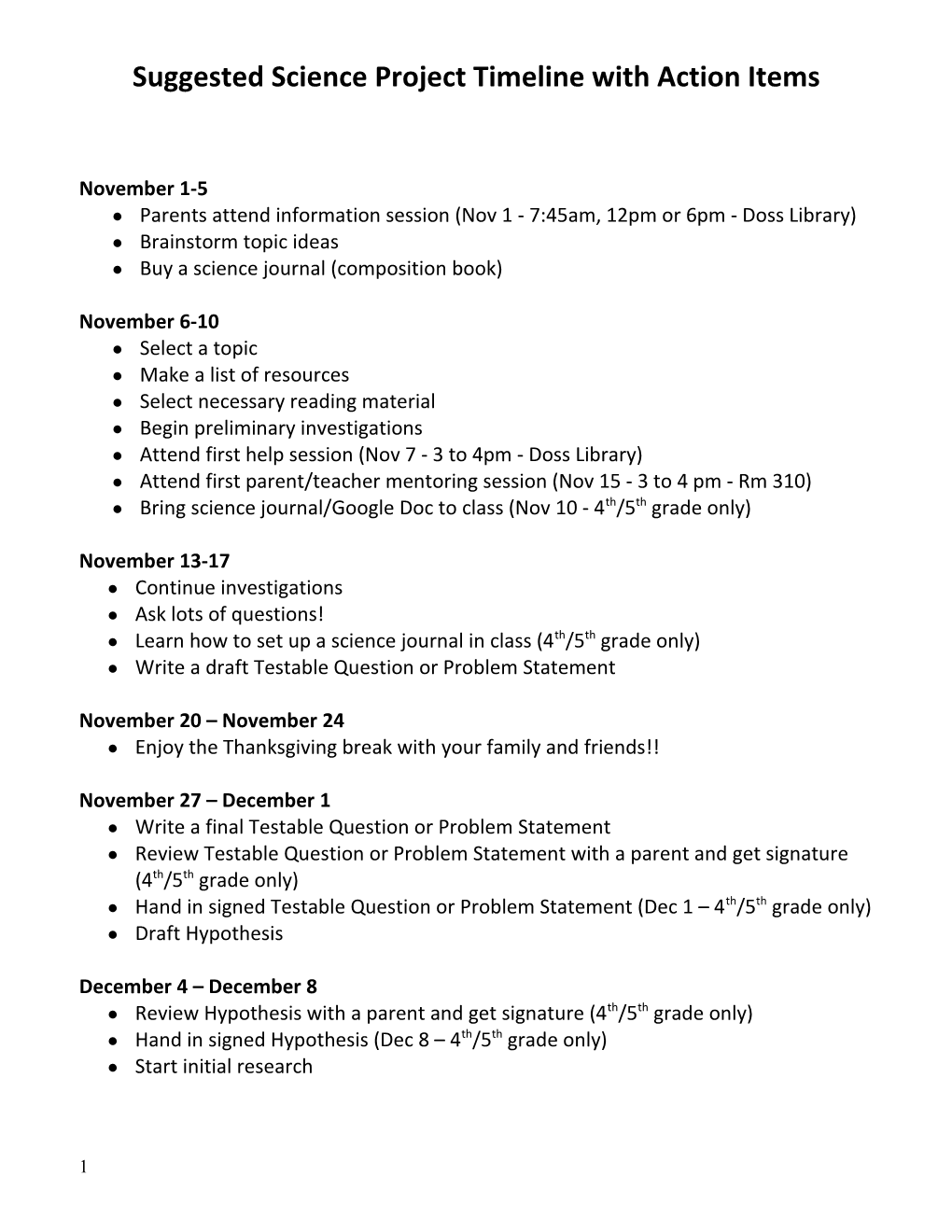 Suggested Science Project Timeline with Action Items