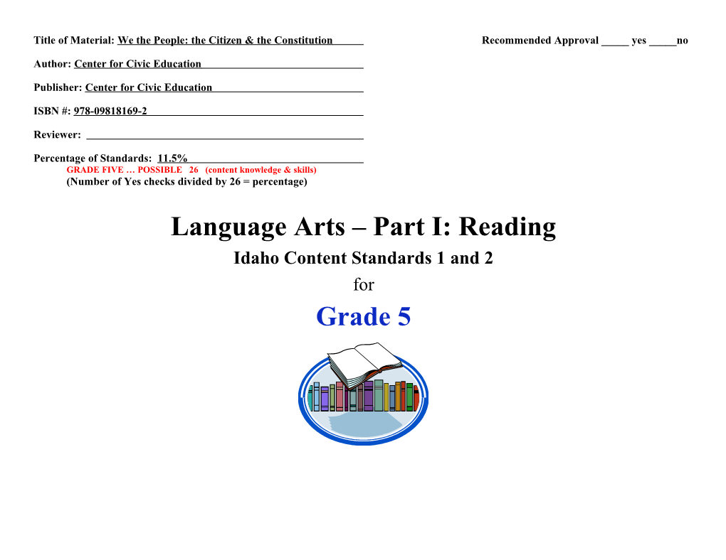 Language Arts - Part I: Reading Content Standards - Grade 5