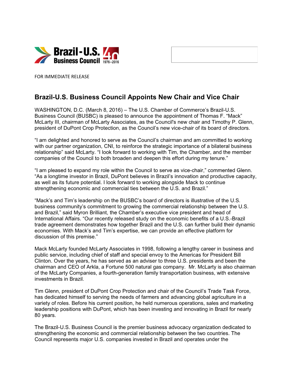 Brazil-U.S. Business Council Appoints New Chair and Vice Chair