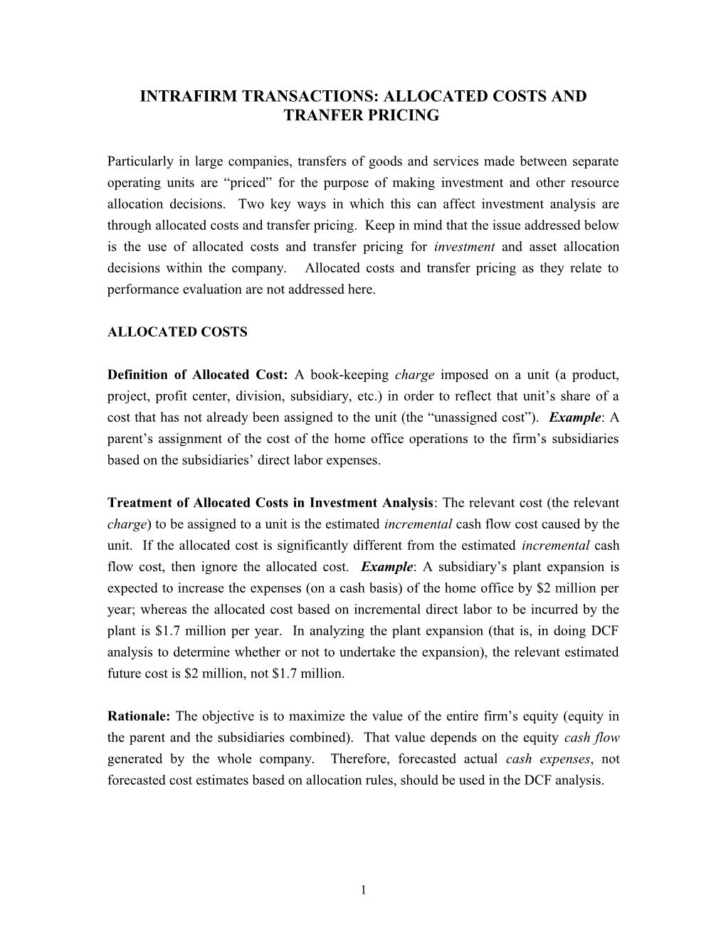 Intrafirm Transactions: Allocated Costs and Tranfer Pricing