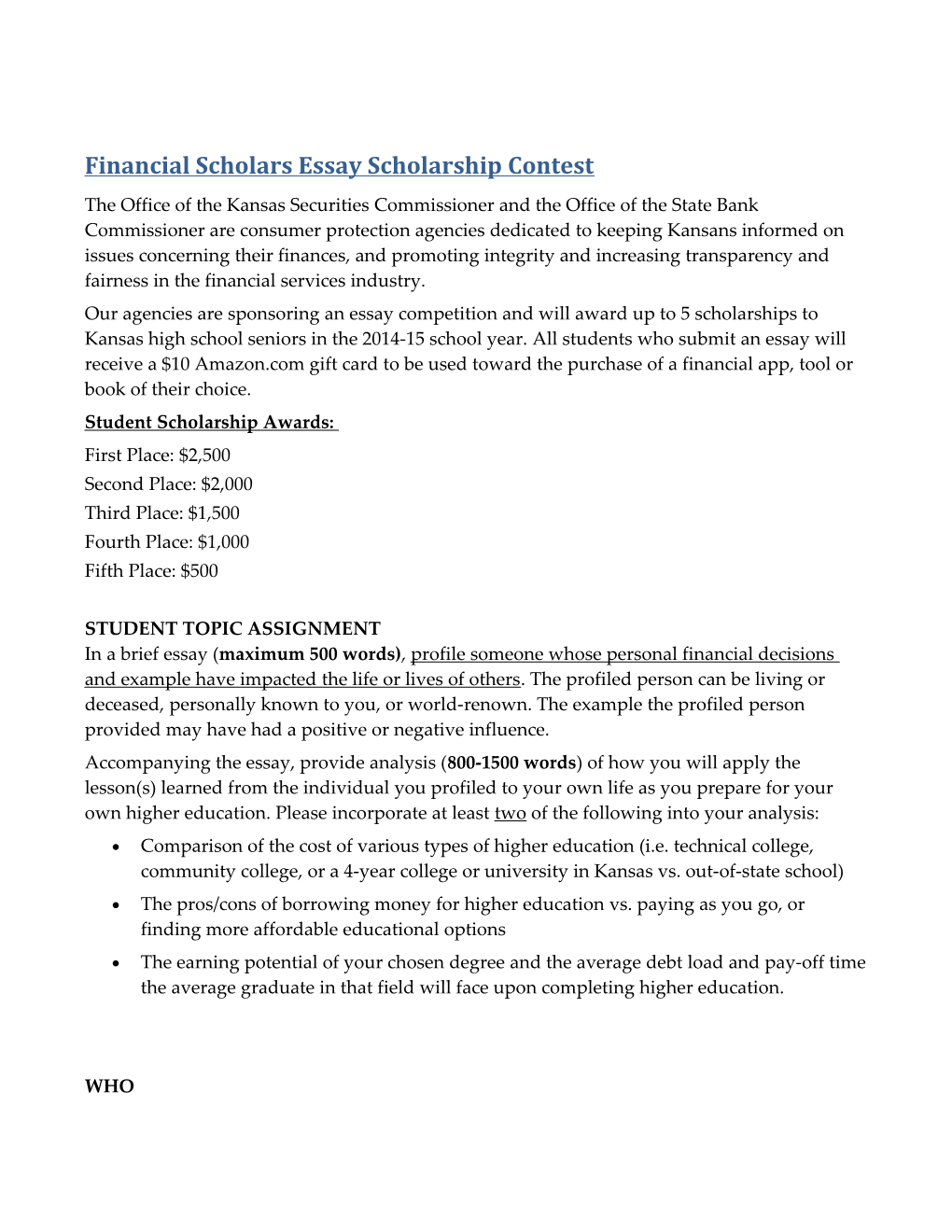 Financial Scholars Essay Scholarship Contest