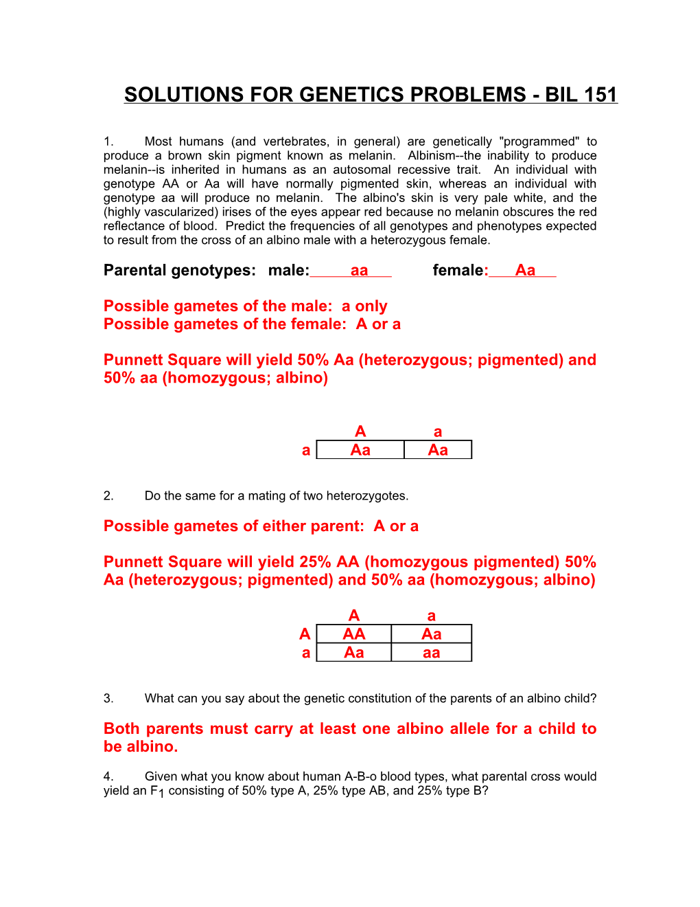 Solutions for Genetics Problems - Bil 151