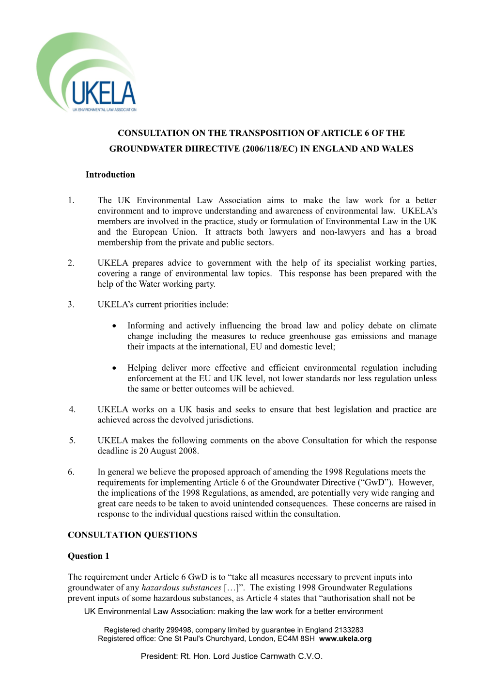 Consultation on the Transposition of Article 6 of the Groundwater Diirective (2006/118/Ec)